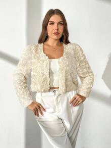 Firerie 大码春秋优雅简约浪漫精致时尚约会夜/休闲/通勤/旅行3D玫瑰纹理面料短款长袖薄款女士夹克 - 杏色 - 查看 7