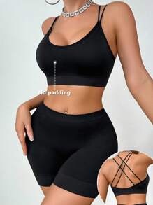 SHEIN 2 peças/Conjunto Sutiã Esportivo Casual Feminino Sem Fio Confortável com Enchimento Removível e Alças Cruzadas nas Costas, e Calcinha Tipo Cintura Alta - Preto - Visão 4