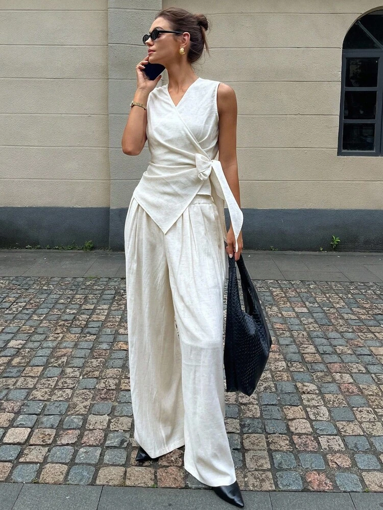 Women Cross Collar Waisted Sleeveless Vest & Wide Leg Pants Casual 2pc Set, Vacation Style