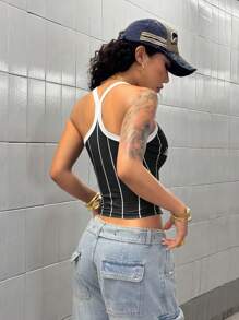 StreetHx Áo ba lỗ in họa tiết sọc và viền tương phản dành cho nữ - màu đen - Xem 2