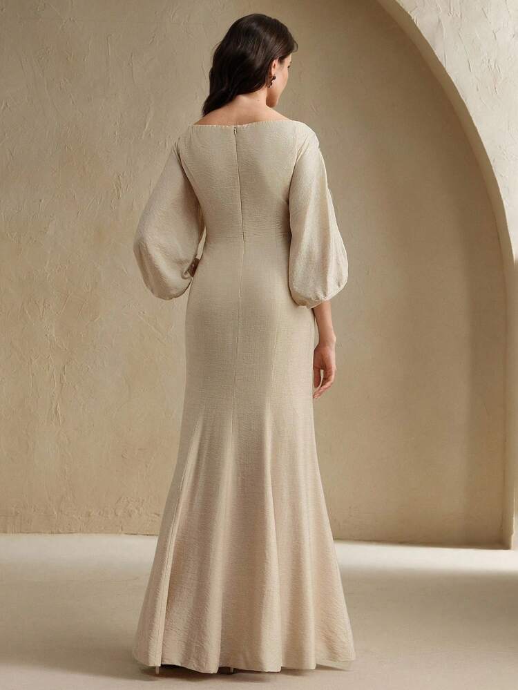 Women's Elegant Shoulder-Revealing Embroidered Floral Applique Lantern Sleeve Linen Dress, Suitable For Spring, Summer, Valentine's Day, Party, Wedding Guest
