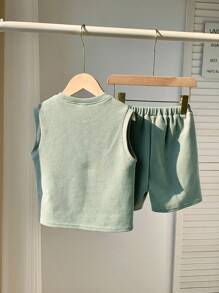 SHEIN 2pcs/Set Baby Boys Cute Casual Knit Contrast Color Sleeveless Top And Elastic Waist Shorts Set, Summer Baby Summer Sets Baby Casual Sets Green 2 Piece For Baby Boy Newborn Light Green Outfit Unisex
