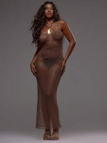 Musera Resort 细肩带露背纹理透视针织修身长裙罩衫沙滩泳装度假夏季假日可爱性感波西米亚风 - 棕色 - 查看 3