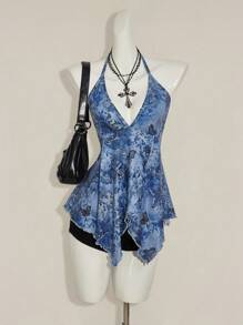 SHEIN ICON Women's Vacation Bohemian Style Floral & Butterfly Print Halter Neck Camisole Blue Floral Top Blue Summer Top Butterfly Print Top Blue Halter Top Women Bandana Top,Off The Shoulder Top