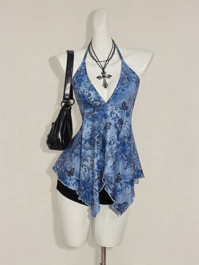 SHEIN ICON Camiseta de tirantes con cuello halter con estampado floral y de mariposa, estilo bohemio para vacaciones, top azul de verano con estampado de mariposa, top halter azul para mujer, top de pañuelo para mujer, top hombros descubiertos