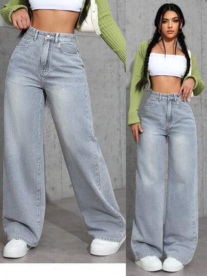 SHEIN ICON Plus Size Women Casual Non-Stretch Denim Jeans For All Seasons