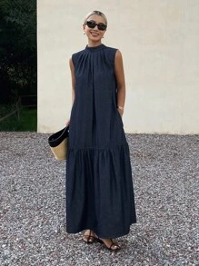 DAZY 女士夏季露背无袖牛仔伞裙度假装 - 藍色 - 查看 4