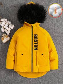 SHEIN Kids Tween Boys Casual Hooded PU Leather Tape Thick Zip-Up Parka Coat, Winter Coat Kids Coat Girls Winter Coat Girls Jacket With Hood Yellow Coat For Girls Tween Girls Coat First Day Of School, Start Of School Season  Winter Autumn Boys Boy Kids Boys Kids Boy Teen Boys Fall - Yellow - View 5