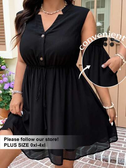 SHEIN EZwear Plus Size Black Chiffon Sleeveless Casual Dress,Graduation Dress
