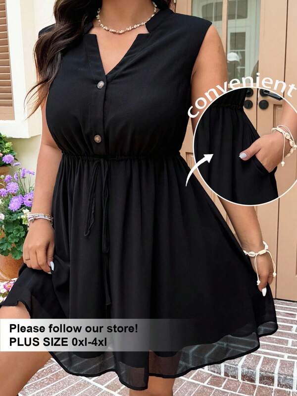 SHEIN EZwear Plus Size Black Chiffon Sleeveless Casual Dress,Graduation Dress