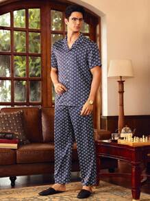 EverLounge Men's Geometric Print Short Sleeve Buttoned Top & Pants Homewear Set - Multicolor - View 5