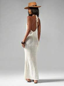 MISSGUIDED Crochet Knit Diamond Pattern Halter Neck Maxi Dress Summer Wedding Guest Boho Long Elegant Beach Formal Evening Gown Dress Vacation Party - Apricot - View 2
