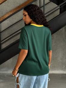 Rovax Ladies' Contrast Color Simple Printed V-Neck Short-Sleeved T-Shirt Graphic Tees Women Tops - Multicolor - View 2