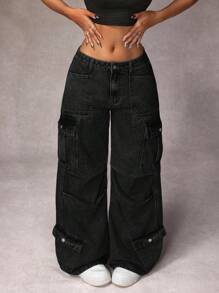 SHEIN PETITE Jeans anchos de tela vaquera casual y desgastados para mujeres - Negro - Ver 5