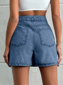 EURMUSE 100%Cotton LIGHT WASH BUTTONS DETAIL SHORT SKIRT - Dusty Blue - View 2