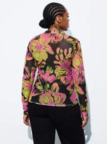 Maija 大码女士薄纱玫瑰印花长袖修身衬衫，都市时尚商务休闲秋季办公室着装 - 彩色 - 查看 3