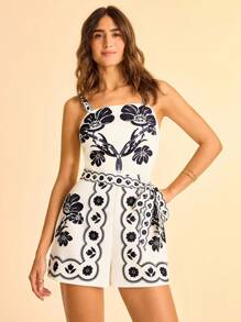 CAJUNI Women's Summer Floral Print Belted Camisole Romper - Multicolor - View 4