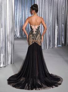 Glamrae 优雅奢华浪漫3D花卉亮片蕾丝抹胸修身美人鱼风格多层网眼垂坠新娘婚纱 - 黑色 - 查看 1