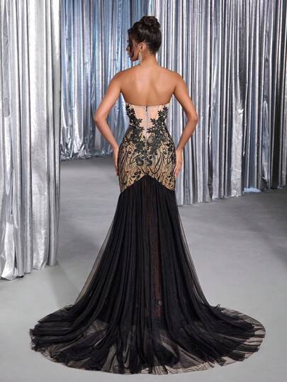 Glamrae Vestido de noiva elegante e luxuoso, romântico, com lantejoulas florais 3D e renda, estilo sereia, em camadas, drapeado em rede