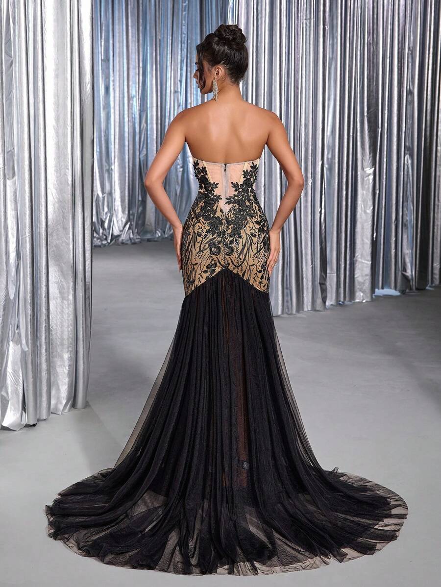 Glamrae 优雅奢华浪漫3D花卉亮片蕾丝抹胸修身美人鱼风格多层网眼垂坠新娘婚纱 - 黑色 - 查看 1