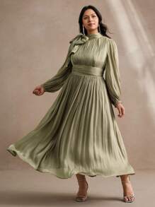 Anewsta 大码女式连衣裙，腰部褶皱，光泽面料，优雅百搭，适合春秋季节 - 綠色 - 查看 7