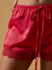 MISSGUIDED Luxurious Satin Sleep Lounge Shorts With Delicate Lace Trim Elastic Waist Drawstring Nightwear Pajama Summer Boudoir Loungewear - Red - View 3