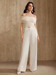 Anewsta Women's Elegant Fashionable Minimalist Mesh Patchwork Off Shoulder Knit Blouse - Apricot - View 5