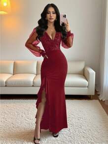 Rafferiza Elegant Sexy V-Neck Waisted High Slit Dress, Sequins Splicing Elastic Knit, Black, Suitable For Party, Daily Dates, Party & Winter Maxi Women Outfit Looks Of Party Fall Cloth For Women