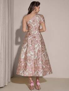 Poshira 女士花卉提花不对称领优雅正式晚会礼服 - 粉色 - 查看 2