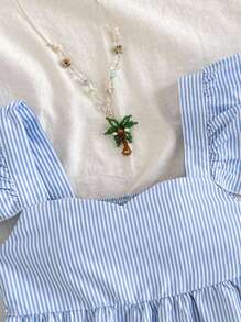 SHEIN 青少年女孩休闲简约舒适方领荷叶边条纹衬衫 - 藍色 - 查看 4