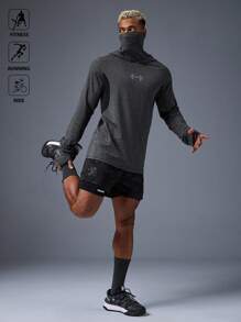 Manfinity Sport Polished Men's Barbell Print Raglan Sleeve Hoodie With Face Mask, Suitable For Fitness, Running, Cycling Ultra Lightweight Sweat-Wicking 4-Way Stretch Material Physique-Enhancing Seamless Design Hooded For Workout Gym Top