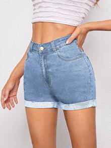 SHEIN ICON 女式蓝色高腰卷边休闲时尚牛仔短裤 - 中等水洗藍 - 查看 3