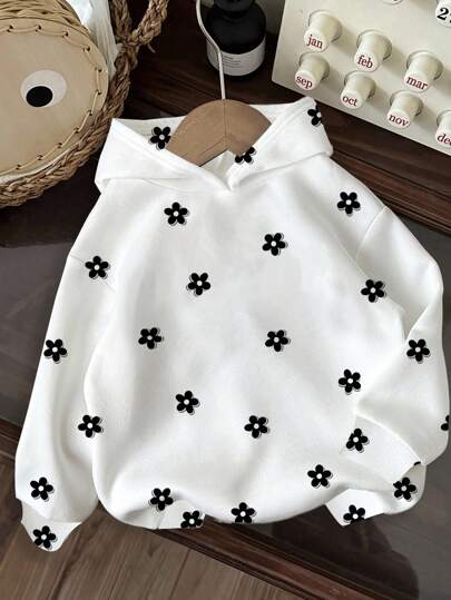 SHEIN EZwear Sudadera con capucha casual de mujer con estampado floral y cordón, apropiada para otoño/invierno