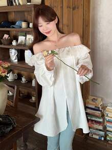 DAZY Damen Off-Shoulder Rüschen Lässig Einfarbig Frisch Koreanischer Stil Langarm Bluse, Herbstmode für Frauen - Weiss - Übersicht 6