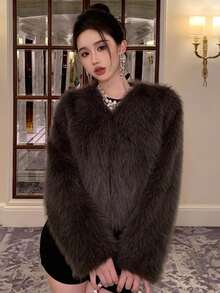 DAZY Women's Fashionable Short Fluffy Coat, Autumn/Winter Jacket Fluffy Coat