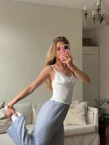 CovetEZ Women's Clothing Casual Clean Girl Sweet Casual Home Simple Street White Knitted Jacquard Gathered Lace Lace Patchwork Bow Bow High Elastic Comfortable Fashion Suspender Top