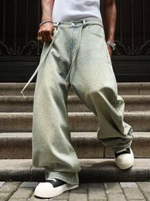 PAVTROS 复古男士水钻装饰图案牛仔裤 - 淺色水洗藍 - 查看 4