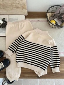 SHEIN LMoss Kids 2 Pieces Set For Young Boys And Young Girls, Casual Sportswear, Gentleman College, Japanese And Korean Basic Style, Simple Stand-Up Collar, Half-Open Cardigan, Black And White Striped Sweater, White Woolen Pants Suit Boys Clothes Boys Outfit Sets Back To School Clothes,In Fall/Winter