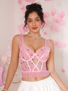 SHEIN 1 pieza Sujetador sexy con aros bordado de encaje para mujer - Rosa - Ver 1