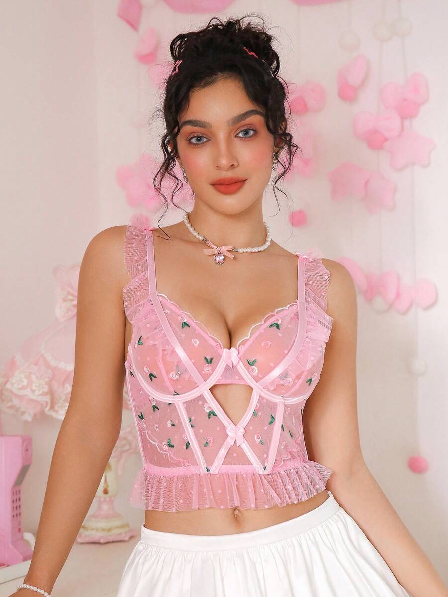 SHEIN 1 pieza Sujetador sexy con aros bordado de encaje para mujer - Rosa - Ver 1
