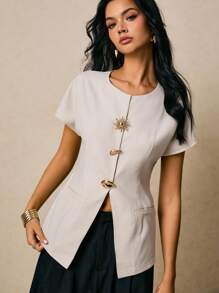 Poéselle Women's Round Neck Short Sleeve Linen Fabric Metal Button Decorated Blouse - Apricot - View 7