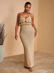 Veslaya 2025 Frühling Sommer Neuheiten, einfarbiges aprikotfarbenes ärmelloses figurbetontes Kleid mit tiefem Ausschnitt, Rüschen und Einsätzen, geeignet für Urlaub, romantische Dates, elegante Partys, Hochzeiten, Abschluss, Große Größen gehäkeltes Maxikleid, gestricktes Maxikleid, Urlaubsabendkleid, Muschelkleid