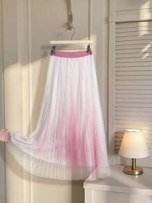 SHEIN Elegant Ombre Tulle Pleated Skirt, Summer, Fall