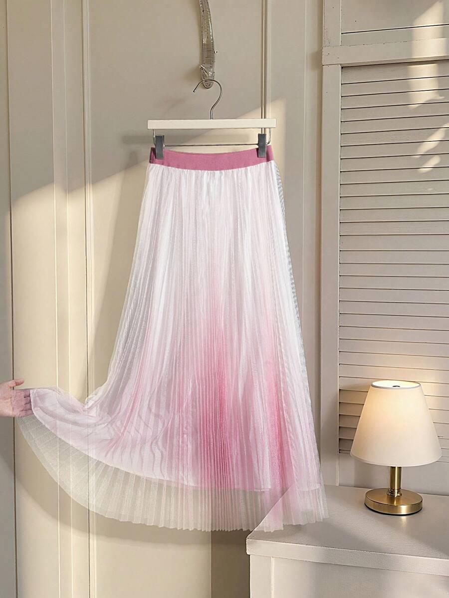 SHEIN Elegant Ombre Tulle Pleated Skirt, Summer, Fall