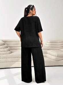 Solflare Plus Size Women Summer Solid Color Round Neck Drop Shoulder Blouse And Wide Leg Pants Casual 2 Pieces Set,Business Casual Woman,Back To School - Black - View 2