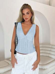 Roylia 女士刺绣V领无袖休闲短款衬衫 - 藍色 - 查看 3