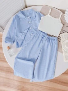 SHEIN 2 件套女孩年轻女孩正装，白衬衫和夹克，通勤风格，适合日常穿着，春夏季 - 藍色 - 查看 1