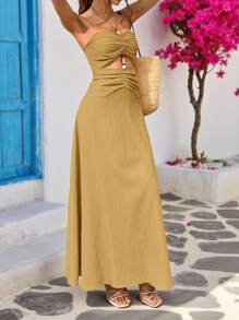 Vivid Eden 女式度假休闲露背挂脖长裙 - 芥末黃 - 查看 5