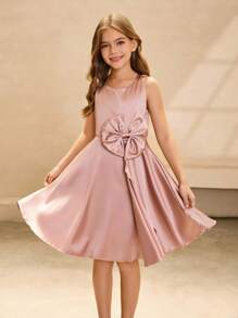 Girls' Round Neck Sleeveless Bow Decor Elegant Dress, Suitable For Meetings, Gatherings, Weddings - Pink - View 3