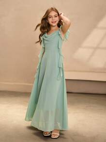 优雅花童裙，薄荷绿雪纺无袖细肩带领口长裙，时尚大摆公主裙，适合婚礼和正式场合